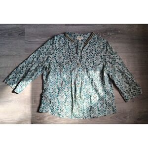 Talbots Petites XLP‎ Blouse Boho Medallion Print Wood Beads Button Up Cotton